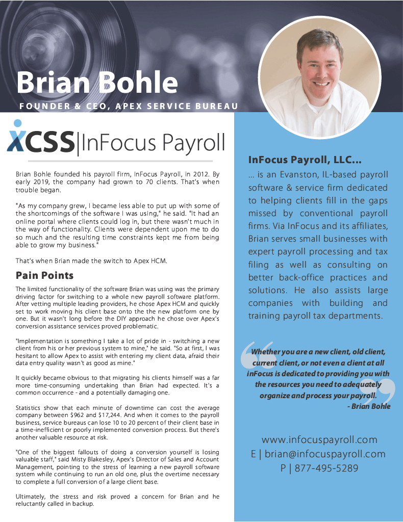 Brian Bohle - InFocus Payroll: A professional man sitting at a desk, working on payroll documents.